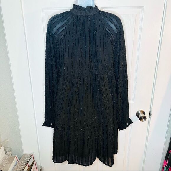Ellison Black Textured Stripe Tiered Mini Dress Long Sleeves L - Picture 7 of 10
